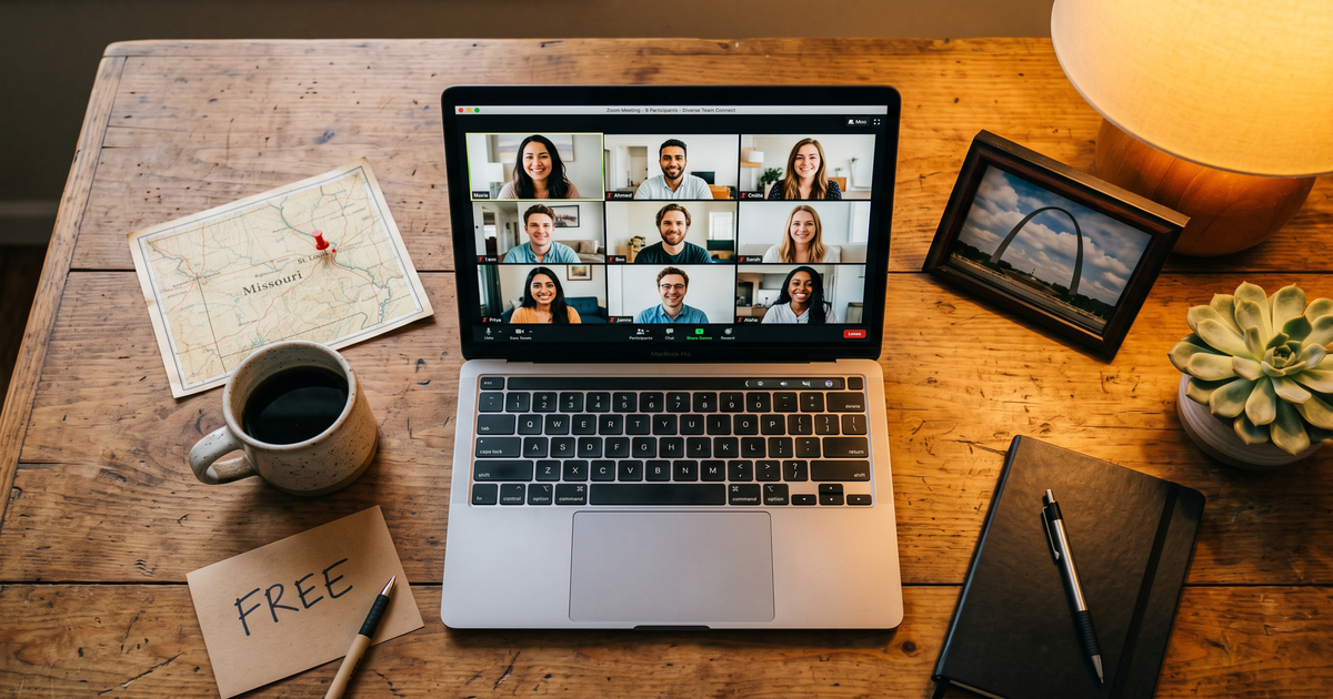 Laptop showing a Zoom recovery meeting next to a map of Missouri with a pin and a framed photo of Gateway Arch St Louis, free AA and NA meetings across Missouri