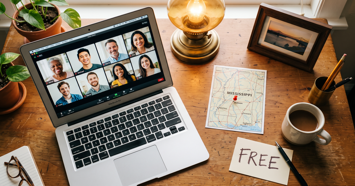 Laptop showing a Zoom recovery meeting next to a map of Mississippi with a pin and a framed photo of Mississippi River bridge, free AA and NA meetings across Mississippi