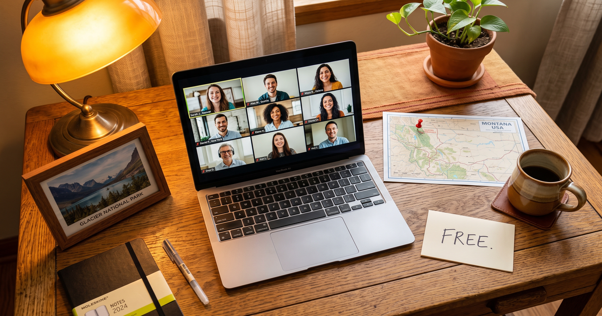 Laptop showing a Zoom recovery meeting next to a map of Montana with a pin and a framed photo of Glacier National Park, free AA and NA meetings across Montana