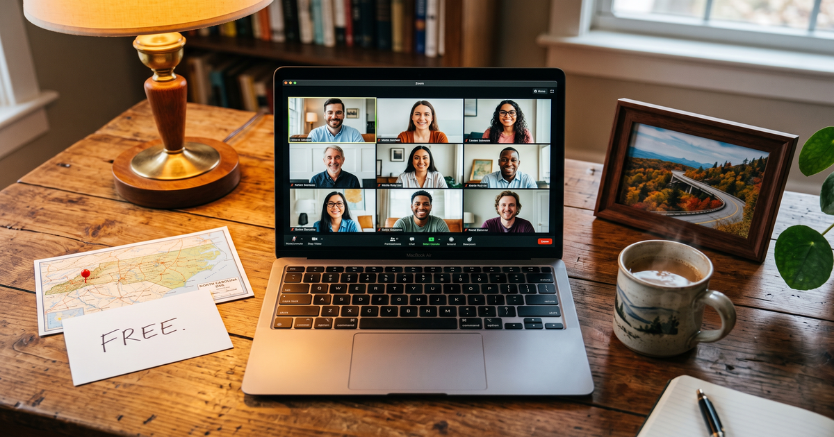 Laptop showing a Zoom recovery meeting next to a map of North Carolina with a pin and a framed photo of Blue Ridge Parkway, free AA and NA meetings across North Carolina