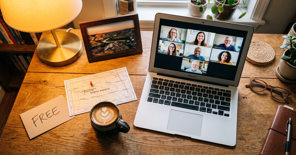 Laptop showing a Zoom recovery meeting next to a map of North Dakota with a pin and a framed photo of Theodore Roosevelt Badlands, free AA and NA meetings across North Dakota