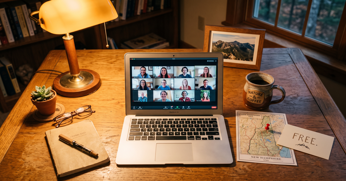 Laptop showing a Zoom recovery meeting next to a map of New Hampshire with a pin and a framed photo of White Mountains, free AA and NA meetings across New Hampshire
