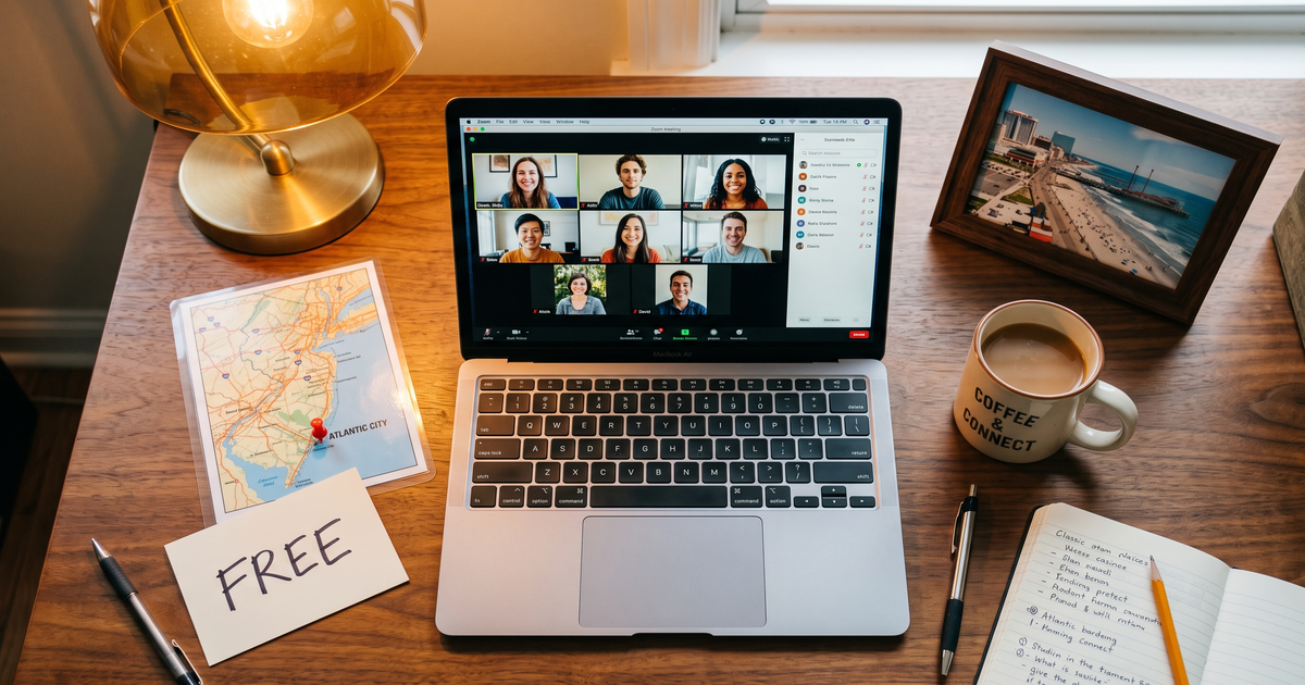 Laptop showing a Zoom recovery meeting next to a map of New Jersey with a pin and a framed photo of Atlantic City boardwalk, free AA and NA meetings across New Jersey