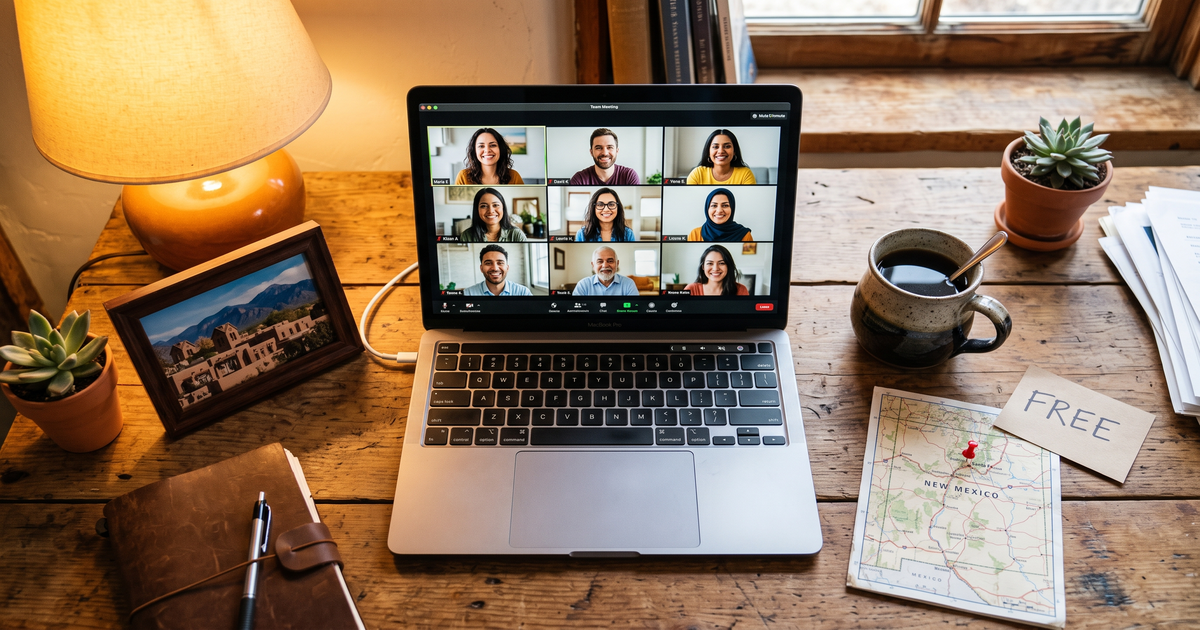 Laptop showing a Zoom recovery meeting next to a map of New Mexico with a pin and a framed photo of Santa Fe adobe, free AA and NA meetings across New Mexico