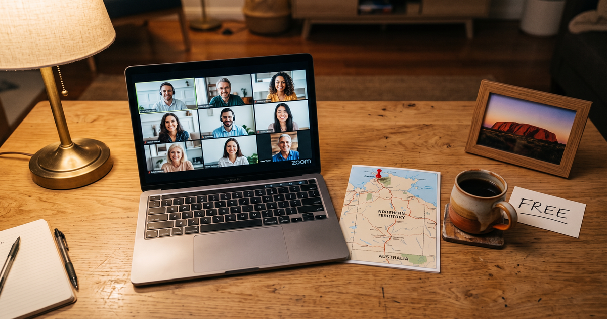 Laptop showing a Zoom recovery meeting next to a map of the Northern Territory with a pin on Darwin and an Uluru sunset photo, free AA and NA meetings across the NT