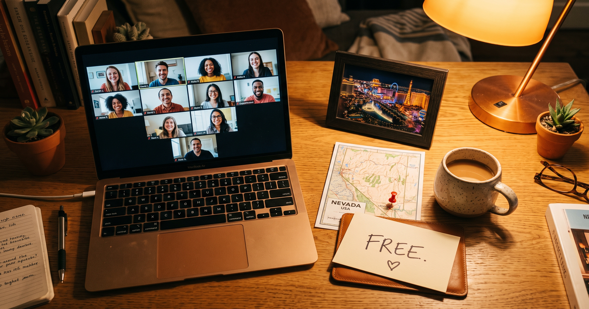 Laptop showing a Zoom recovery meeting next to a map of Nevada with a pin and a framed photo of Las Vegas strip, free AA and NA meetings across Nevada