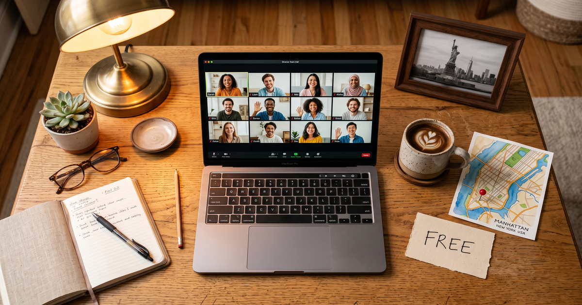 Laptop showing a Zoom recovery meeting next to a map of New York with a pin and a framed photo of Statue of Liberty, free AA and NA meetings across New York