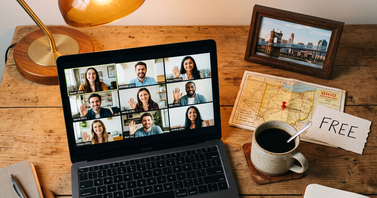 Laptop showing a Zoom recovery meeting next to a map of Ohio with a pin and a framed photo of Cincinnati skyline, free AA and NA meetings across Ohio