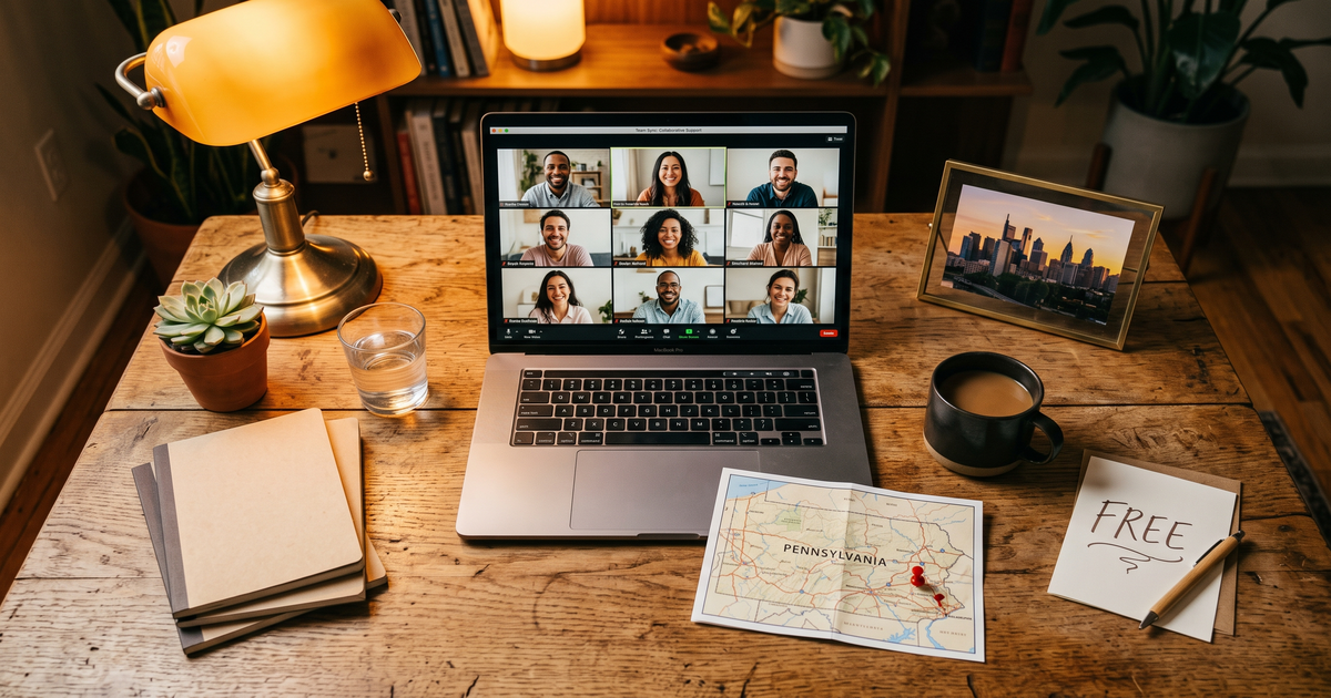Laptop showing a Zoom recovery meeting next to a map of Pennsylvania with a pin and a framed photo of Philadelphia skyline, free AA and NA meetings across Pennsylvania