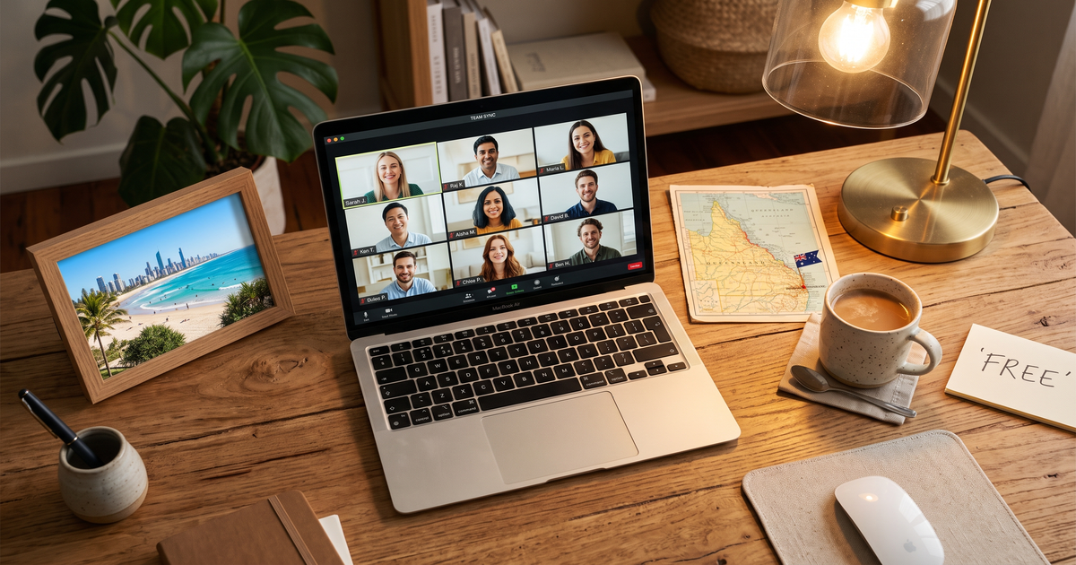 Laptop showing a Zoom recovery meeting next to a map of Queensland with a pin on Brisbane and a framed Gold Coast beach photo, free AA and NA meetings across Queensland
