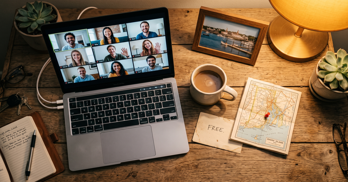 Laptop showing a Zoom recovery meeting next to a map of Rhode Island with a pin and a framed photo of Newport harbor, free AA and NA meetings across Rhode Island