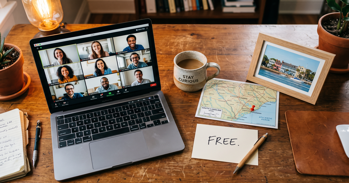 Laptop showing a Zoom recovery meeting next to a map of South Carolina with a pin and a framed photo of Charleston waterfront, free AA and NA meetings across South Carolina