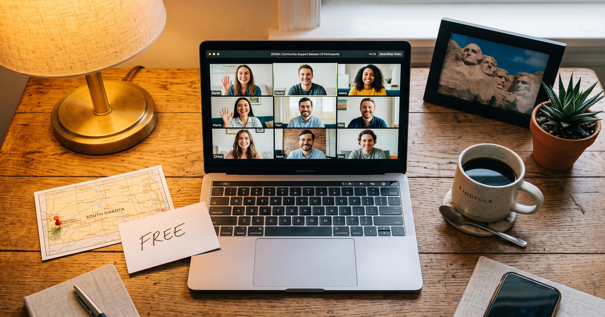 Laptop showing a Zoom recovery meeting next to a map of South Dakota with a pin and a framed photo of Mount Rushmore, free AA and NA meetings across South Dakota