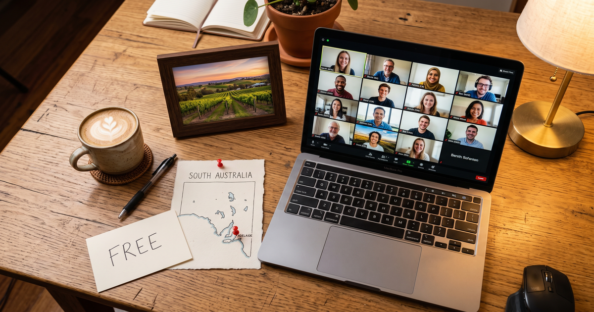 Laptop showing a Zoom recovery meeting next to a map of South Australia with a pin on Adelaide and an Adelaide Hills photo, free AA and NA meetings across SA