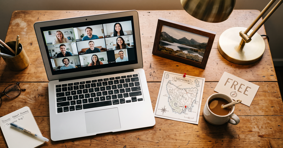 Laptop showing a Zoom recovery meeting next to a map of Tasmania with a pin on Hobart and a Cradle Mountain photo, free AA and NA meetings across Tasmania