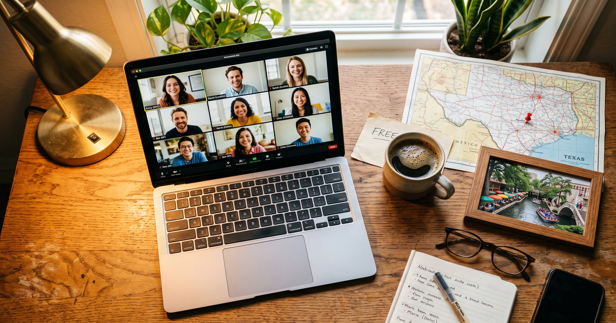 Laptop showing a Zoom recovery meeting next to a map of Texas with a pin and a framed photo of San Antonio River Walk, free AA and NA meetings across Texas