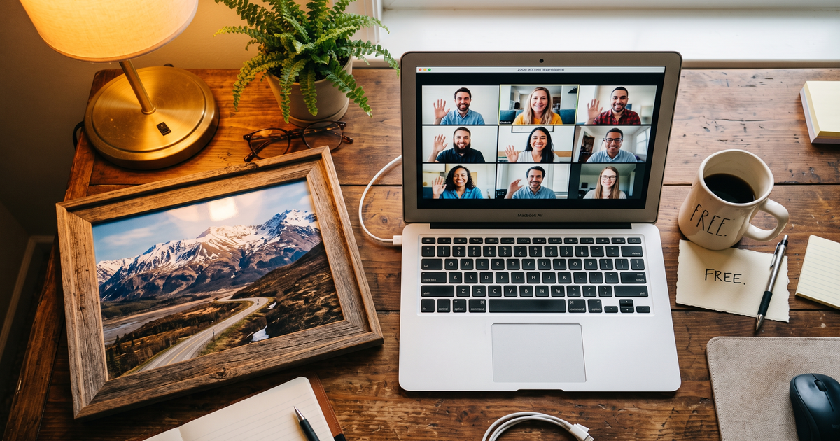 Laptop showing a Zoom recovery meeting with a framed photo of Anchorage Alaska mountains, free AA and NA meetings in Anchorage