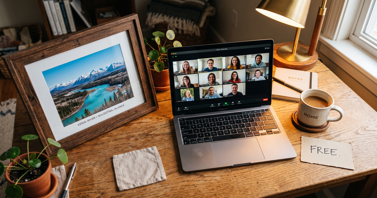 Laptop showing a Zoom recovery meeting with a framed photo of Soldotna Alaska Kenai River, free AA and NA meetings in Soldotna