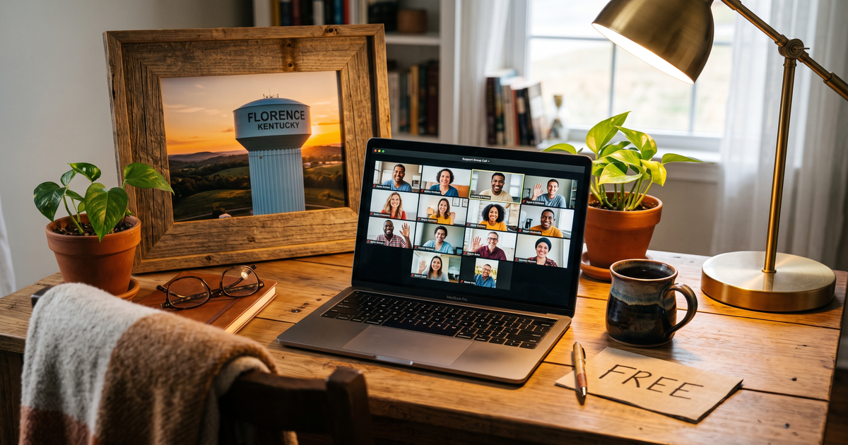 Laptop showing a Zoom recovery meeting with a framed photo of Florence Kentucky, free AA and NA meetings in Florence