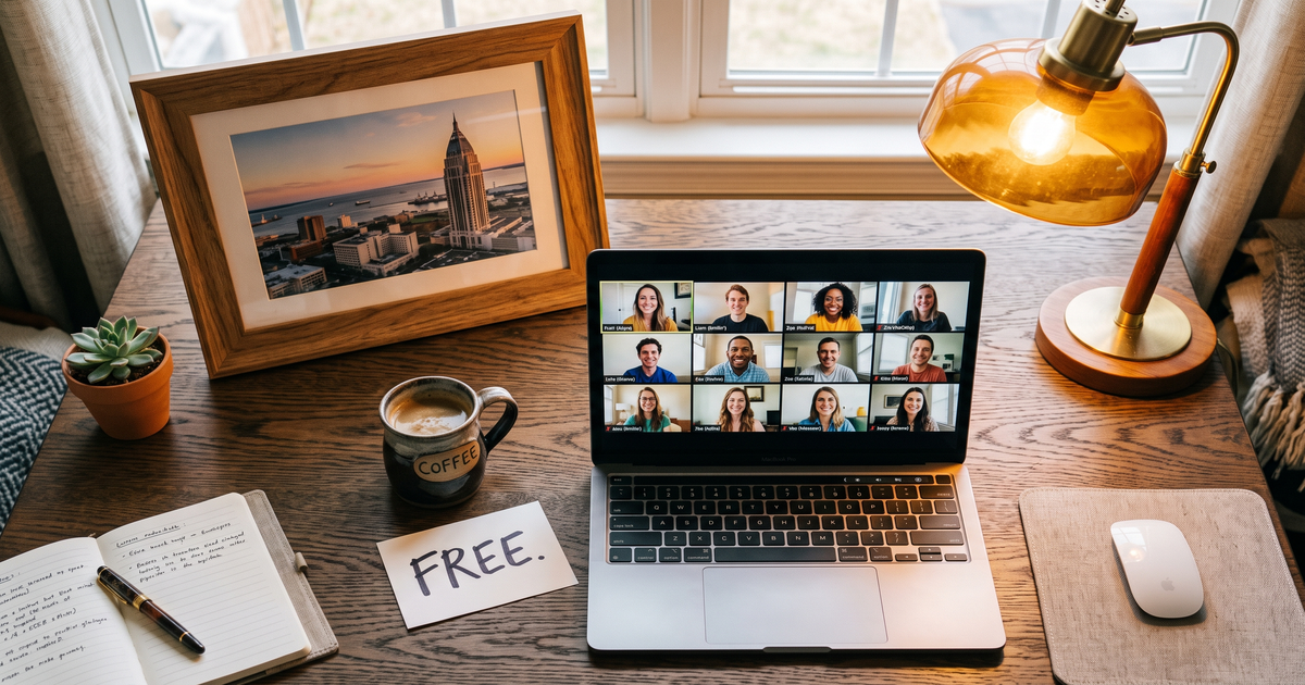 Laptop showing a Zoom recovery meeting with a framed photo of Mobile Alabama Gulf Coast, free AA and NA meetings in Mobile