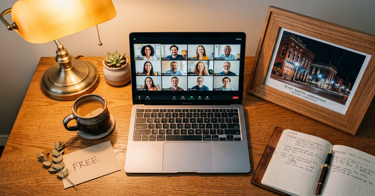 Laptop showing a Zoom recovery meeting with a framed photo of Fort Smith Arkansas historic downtown, free AA and NA meetings in Fort Smith