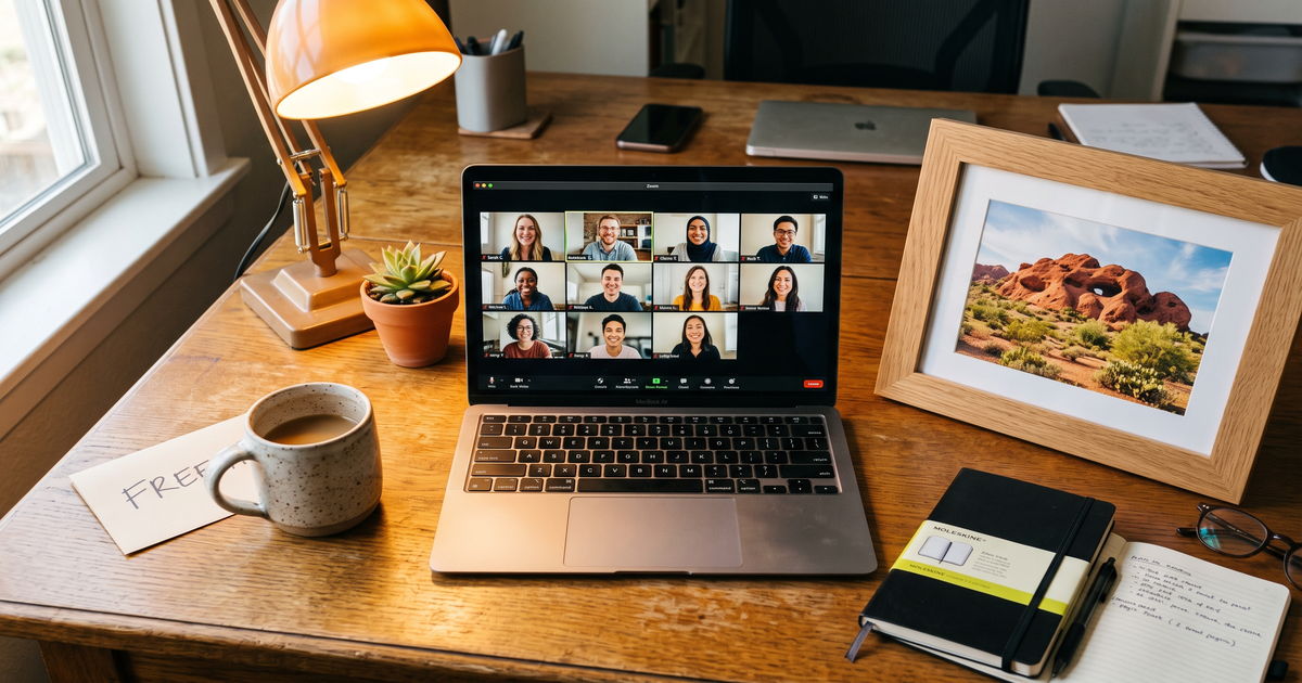 Laptop showing a Zoom recovery meeting with a framed photo of Mesa Arizona red rock landscape, free AA and NA meetings in Mesa
