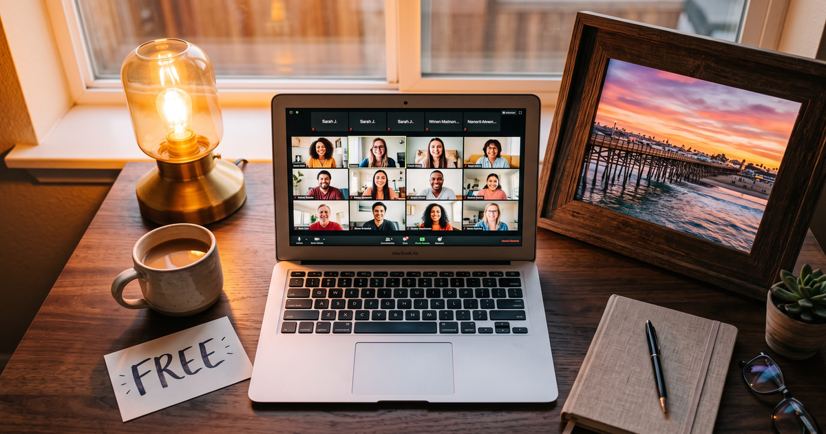 Laptop showing a Zoom recovery meeting with a framed photo of Oceanside pier at sunset, free AA and NA meetings in Oceanside