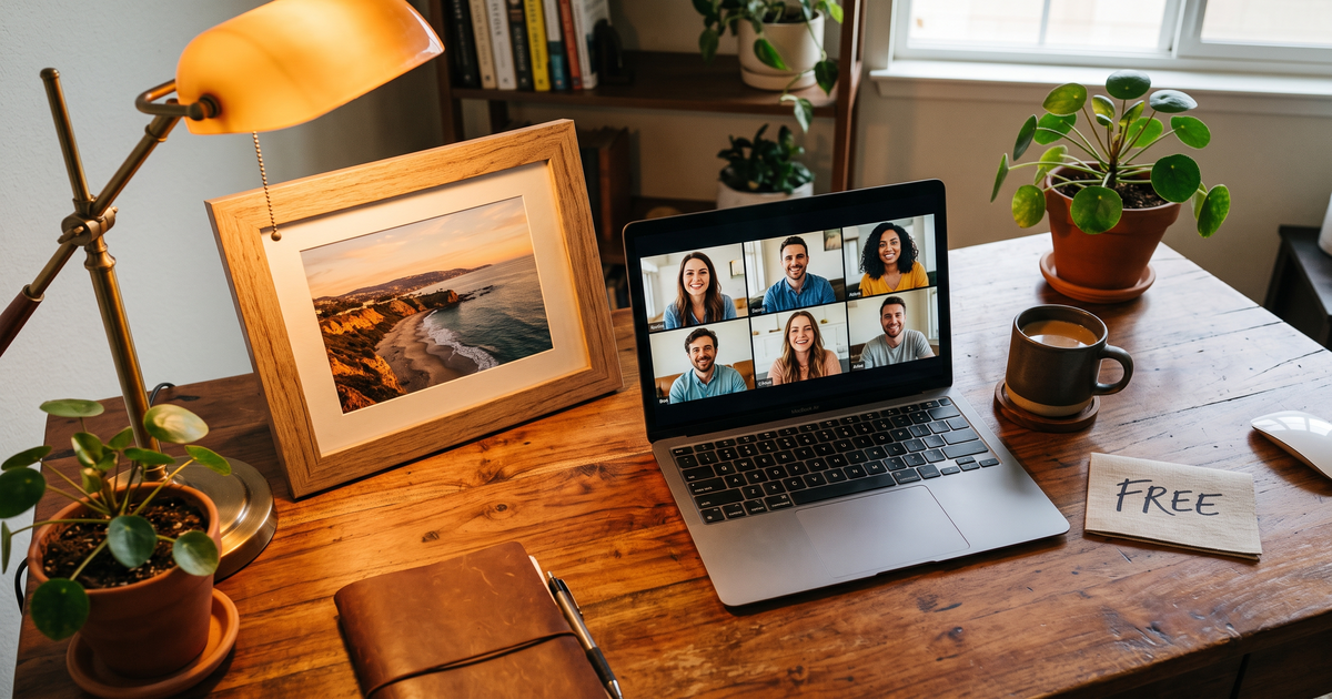 Laptop showing a Zoom recovery meeting with a framed photo of Orange County California coastline, free AA and NA meetings in Orange County