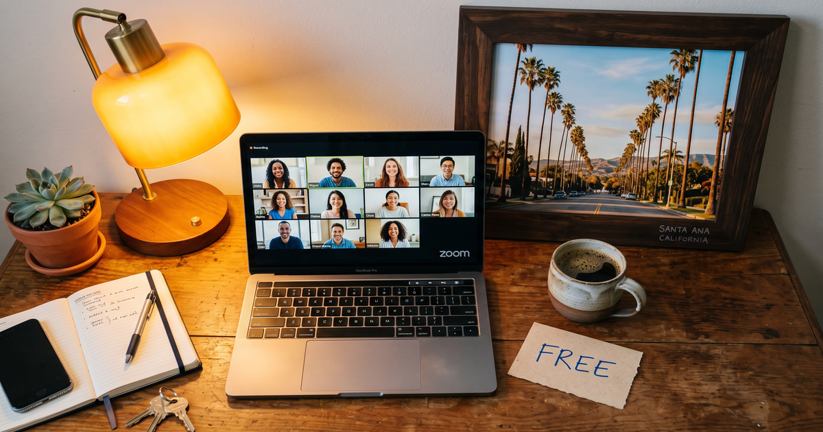 Laptop showing a Zoom recovery meeting with a framed photo of Santa Ana California palm trees, free AA and NA meetings in Santa Ana