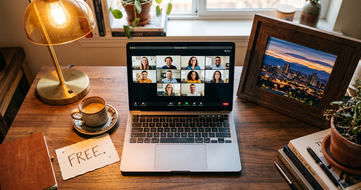 Laptop showing a Zoom recovery meeting with a framed photo of Aurora Colorado skyline, free AA and NA meetings in Aurora