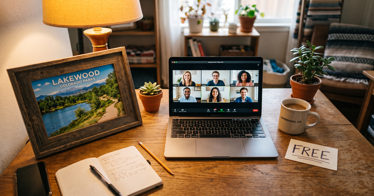 Laptop showing a Zoom recovery meeting with a framed photo of Lakewood Colorado parks, free AA and NA meetings in Lakewood