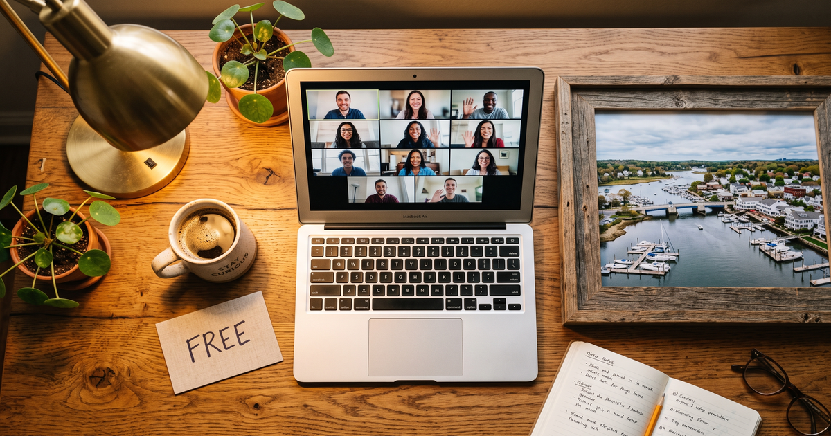 Laptop showing a Zoom recovery meeting with a framed photo of Westport Connecticut harbor, free AA and NA meetings in Westport