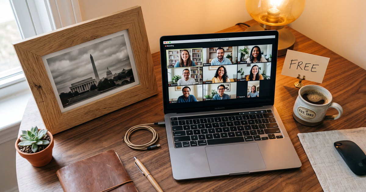 Laptop showing a Zoom recovery meeting with a framed photo of Washington DC monuments, free AA and NA meetings in Washington