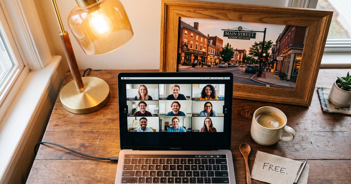 Laptop showing a Zoom recovery meeting with a framed photo of Newark Delaware Main Street, free AA and NA meetings in Newark