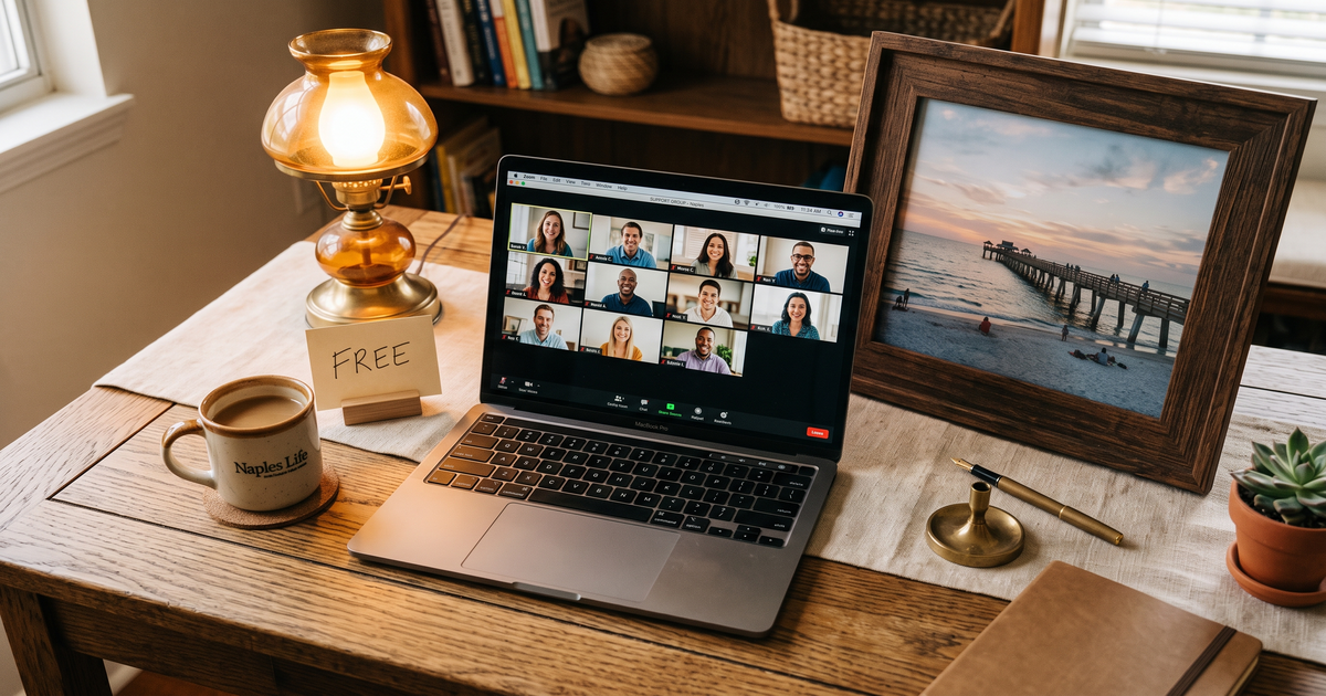 Laptop showing a Zoom recovery meeting with a framed photo of Naples Florida beach pier, free AA and NA meetings in Naples