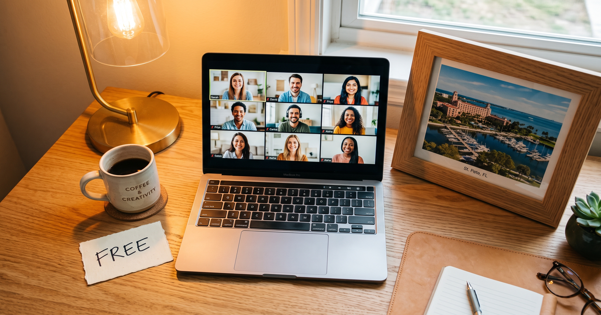 Laptop showing a Zoom recovery meeting with a framed photo of St Petersburg Florida waterfront, free AA and NA meetings in St Petersburg
