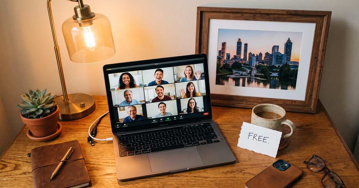 Laptop showing a Zoom recovery meeting with a framed photo of Atlanta Georgia skyline, free AA and NA meetings in Atlanta