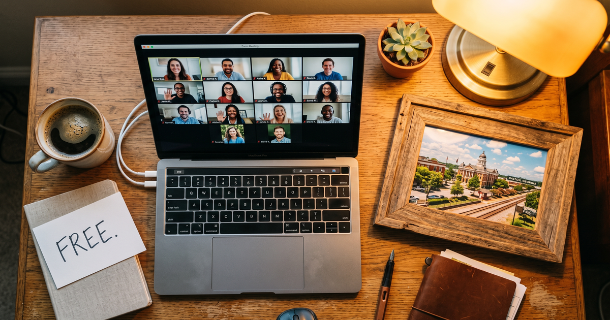 Laptop showing a Zoom recovery meeting with a framed photo of Dalton Georgia, free AA and NA meetings in Dalton