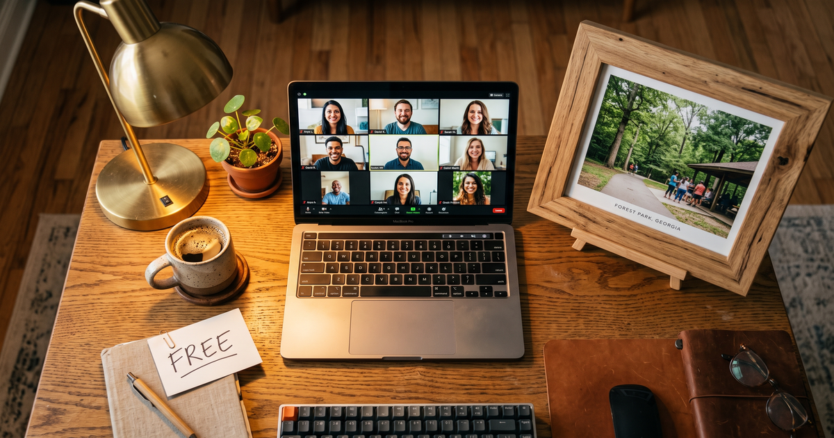 Laptop showing a Zoom recovery meeting with a framed photo of Forest Park Georgia, free AA and NA meetings in Forest Park