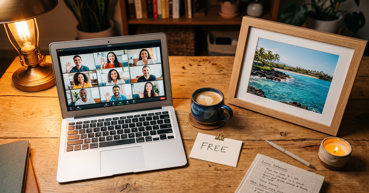 Laptop showing a Zoom recovery meeting with a framed photo of Kona Hawaii coast, free AA and NA meetings in Kailua Kona
