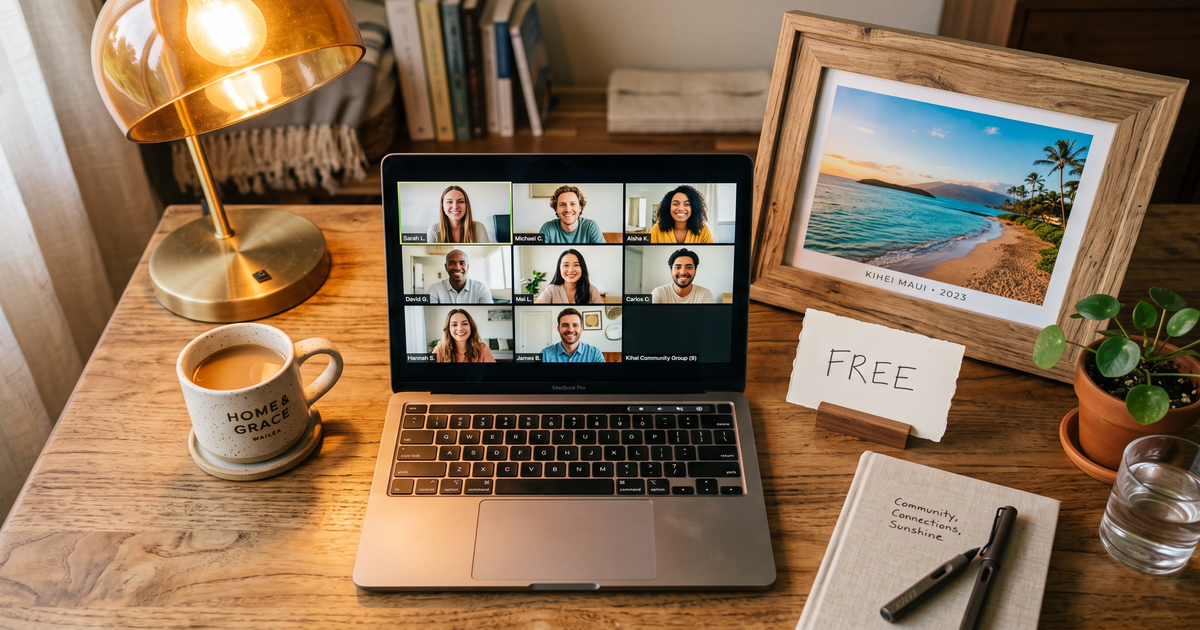 Laptop showing a Zoom recovery meeting with a framed photo of Kihei Maui beach, free AA and NA meetings in Kihei