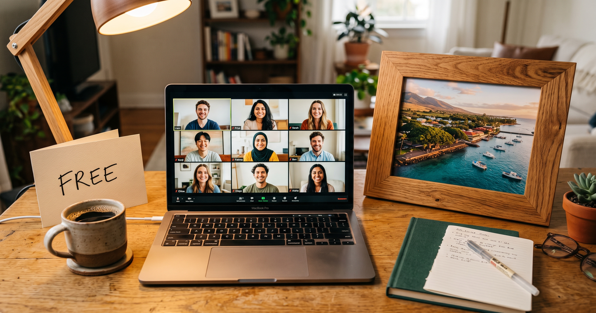 Laptop showing a Zoom recovery meeting with a framed photo of Lahaina Maui harbor, free AA and NA meetings in Lahaina