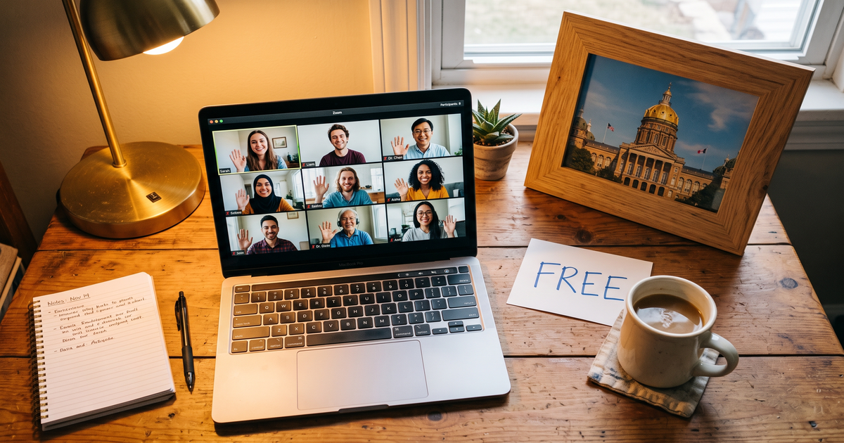 Laptop showing a Zoom recovery meeting with a framed photo of Des Moines Iowa State Capitol, free AA and NA meetings in Des Moines