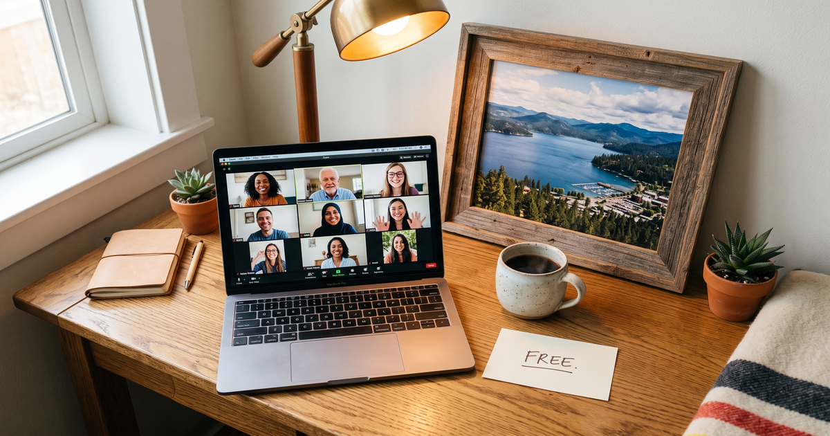 Laptop showing a Zoom recovery meeting with a framed photo of Coeur d Alene Lake Idaho, free AA and NA meetings in Coeur D Alene