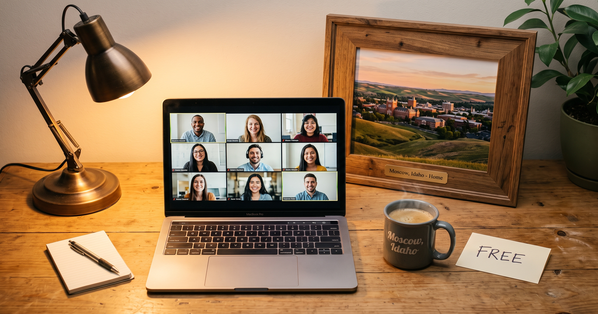Laptop showing a Zoom recovery meeting with a framed photo of Moscow Idaho university town, free AA and NA meetings in Moscow