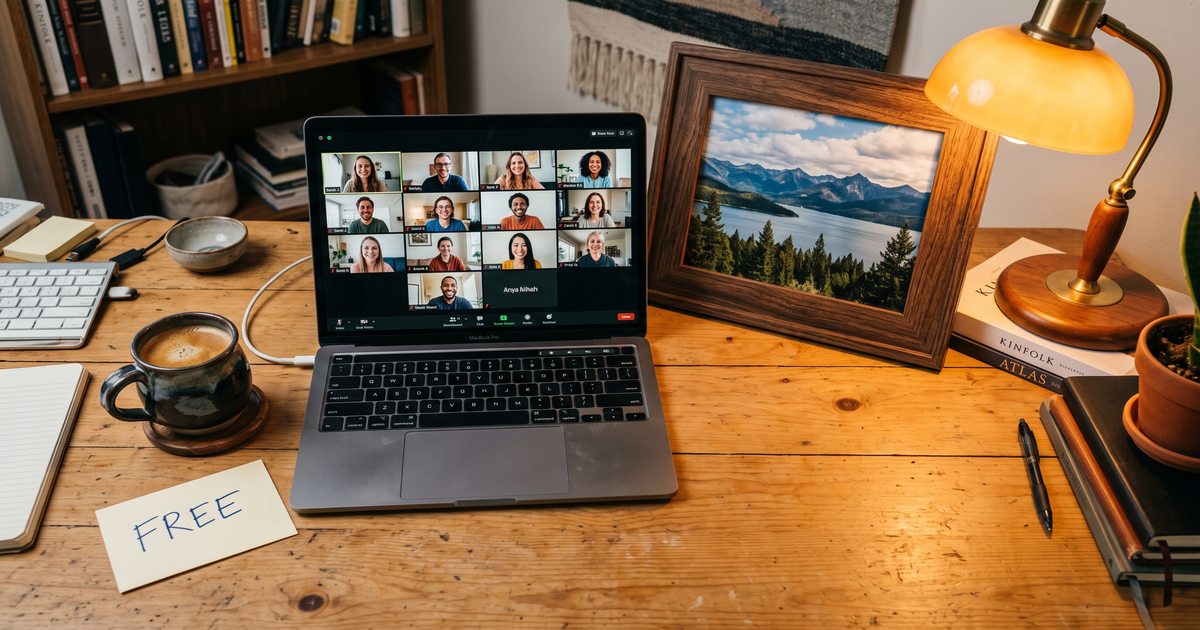 Laptop showing a Zoom recovery meeting with a framed photo of Sandpoint Idaho lake mountains, free AA and NA meetings in Sandpoint