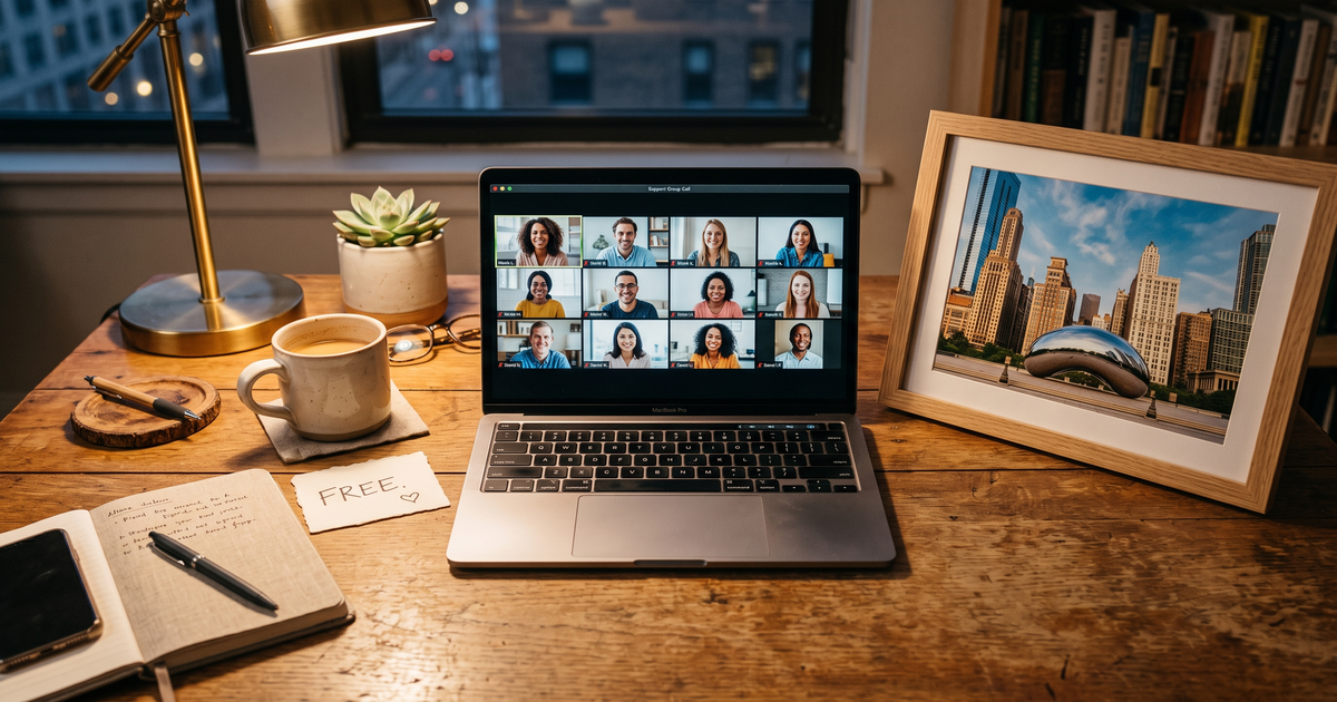 Laptop showing a Zoom recovery meeting with a framed photo of Chicago skyline and Bean, free AA and NA meetings in Chicago