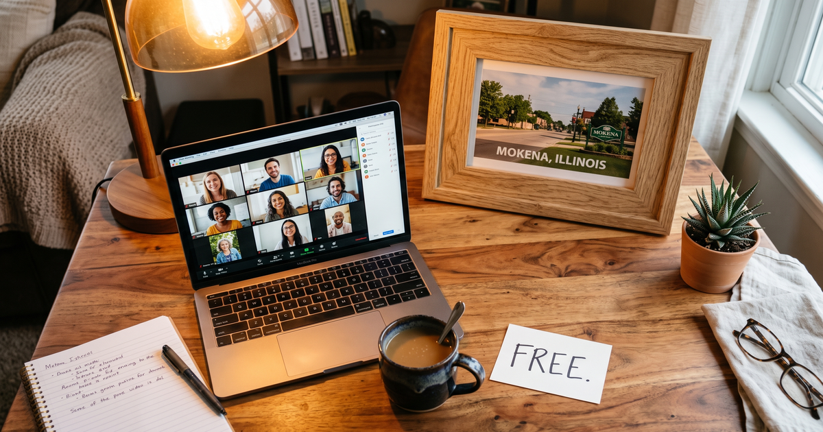 Laptop showing a Zoom recovery meeting with a framed photo of Mokena Illinois, free AA and NA meetings in Mokena