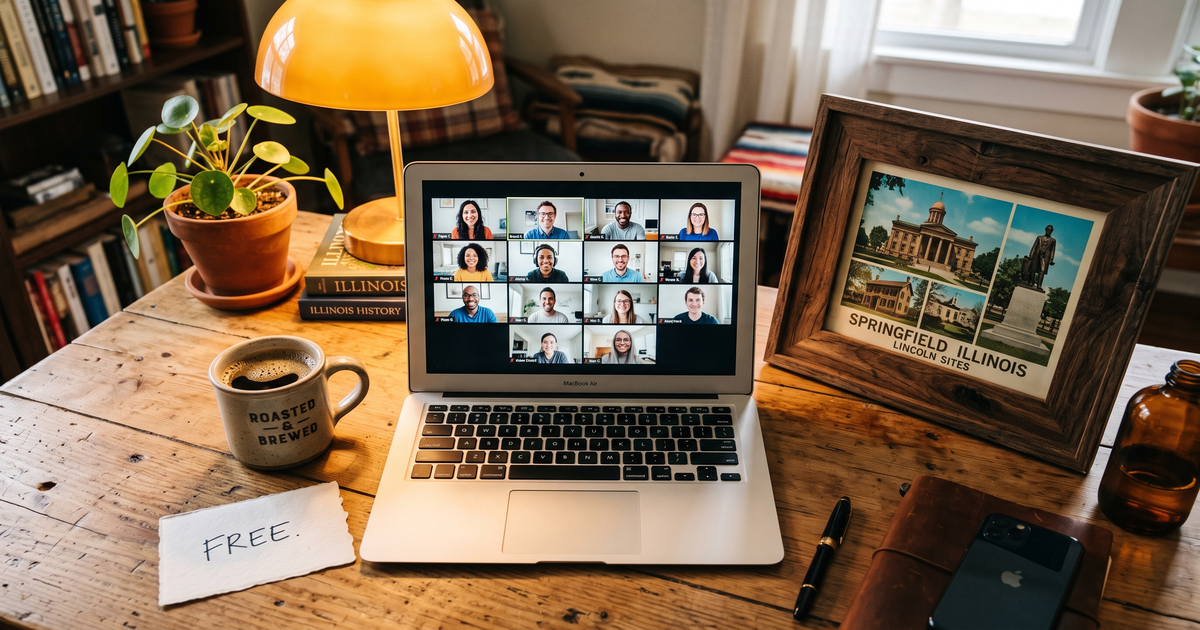 Laptop showing a Zoom recovery meeting with a framed photo of Springfield Illinois Lincoln sites, free AA and NA meetings in Springfield