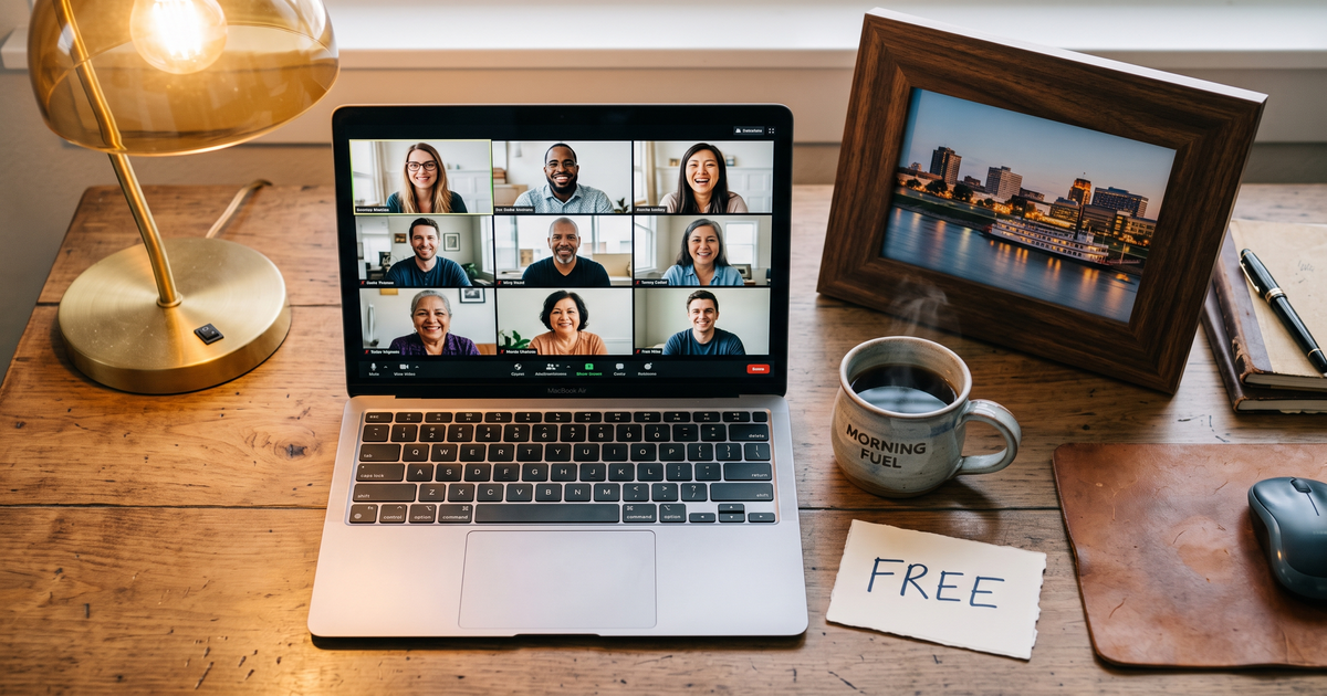 Laptop showing a Zoom recovery meeting with a framed photo of Evansville Indiana riverfront, free AA and NA meetings in Evansville
